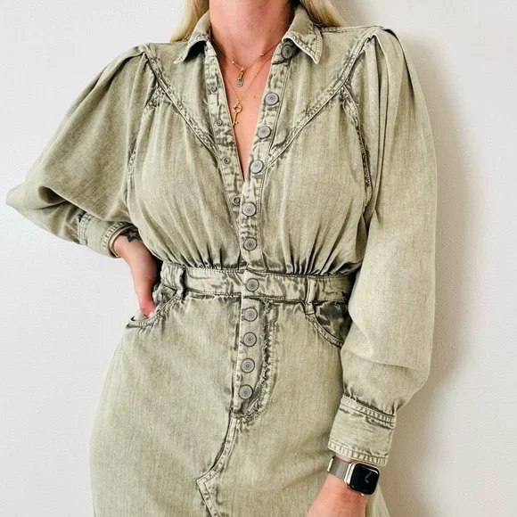 Free People Sage Denim Midi Dress Light Khaki Long Sleeve